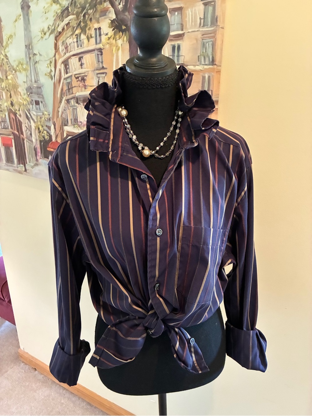 Striped Ruffle-Collar Button-Down Shirt in Navy and Pink